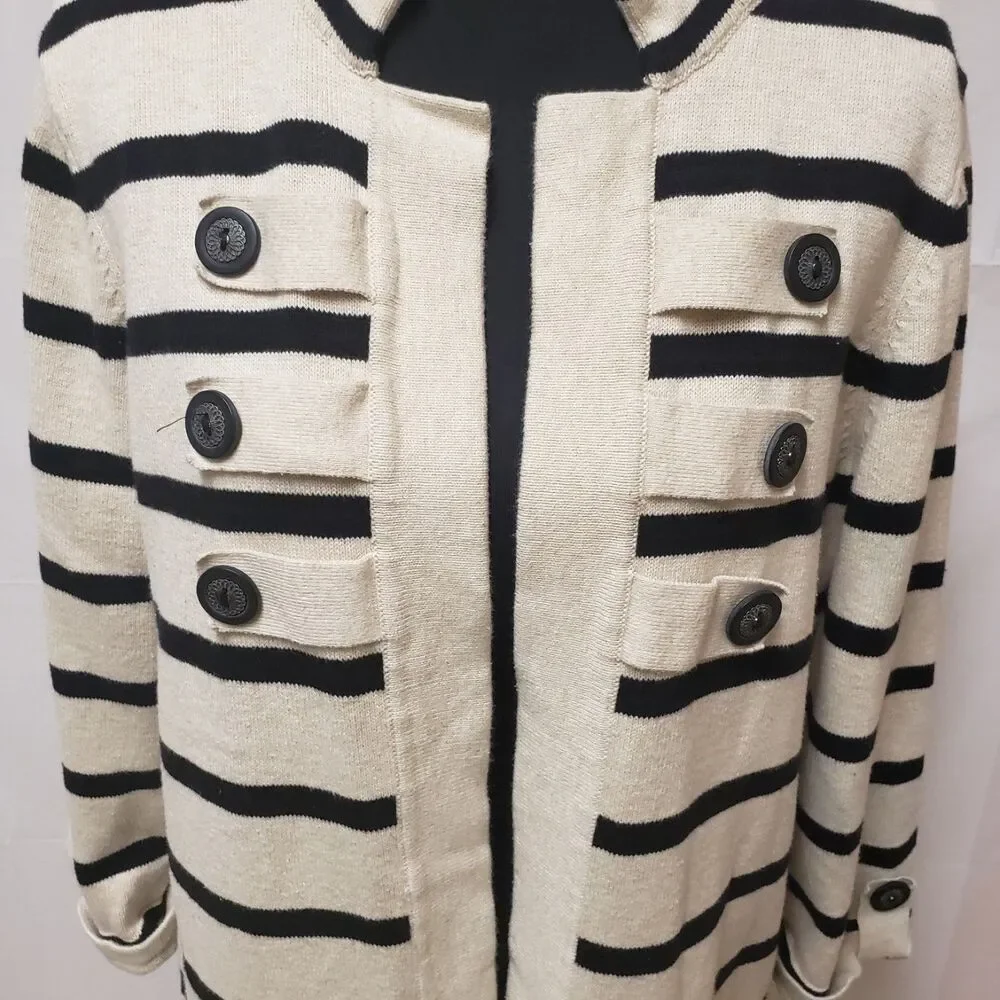 Christopher & Banks Double Breasted Knit Oatmeal Black Stripes Cardigan L NWOT